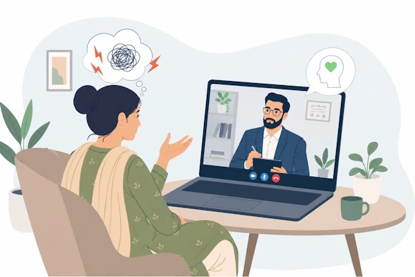 Woman attending an online anger management therapy session with a psychologist