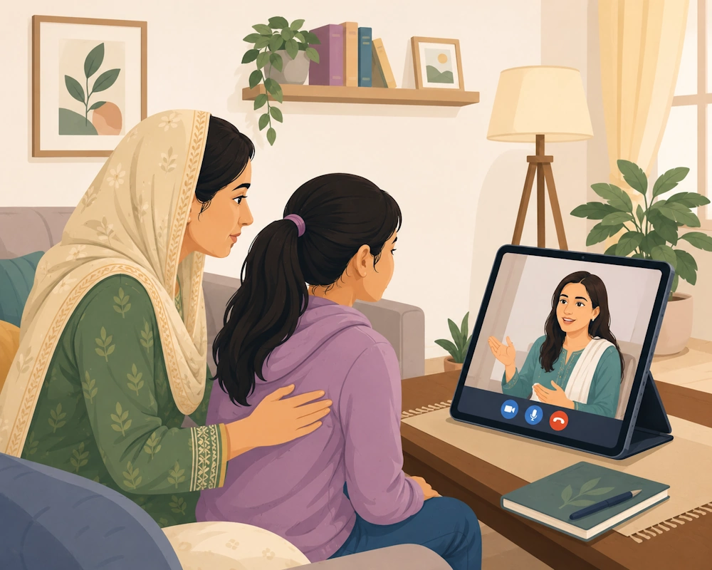 Child and parent receiving online psychological support from a psychologist