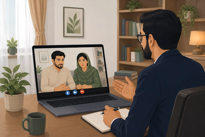 Couple attending online relationship therapy with a psychologist
