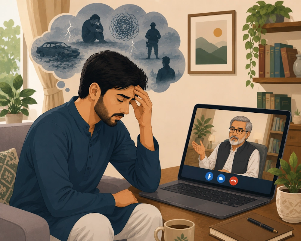 Person attending online trauma and PTSD therapy with a psychologist