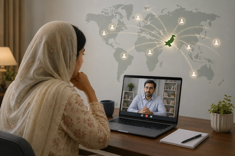 Pakistani woman attending an online therapy session with a psychologist