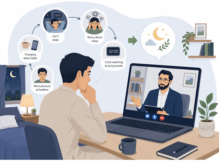 patient receiving online support for insomnia and sleep difficulties